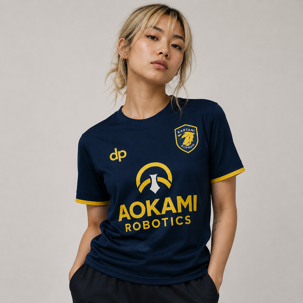 Aokami Robotics navy corporate football kit with yellow trim