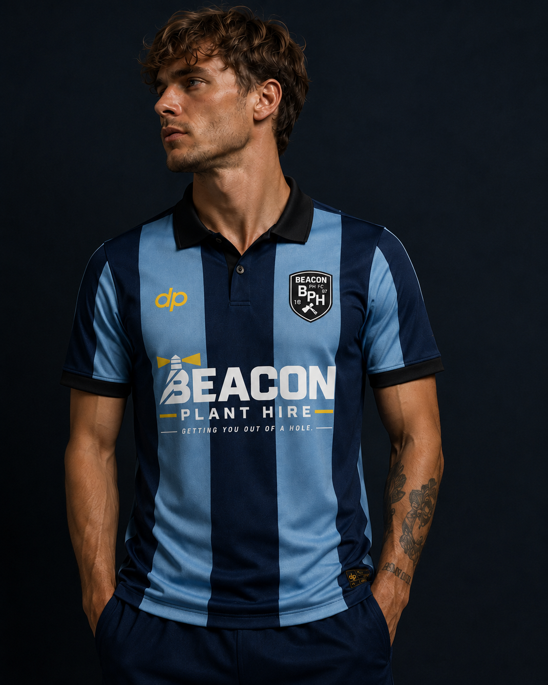 Beacon Plant Hire bespoke navy and sky-blue striped corporate football kit
